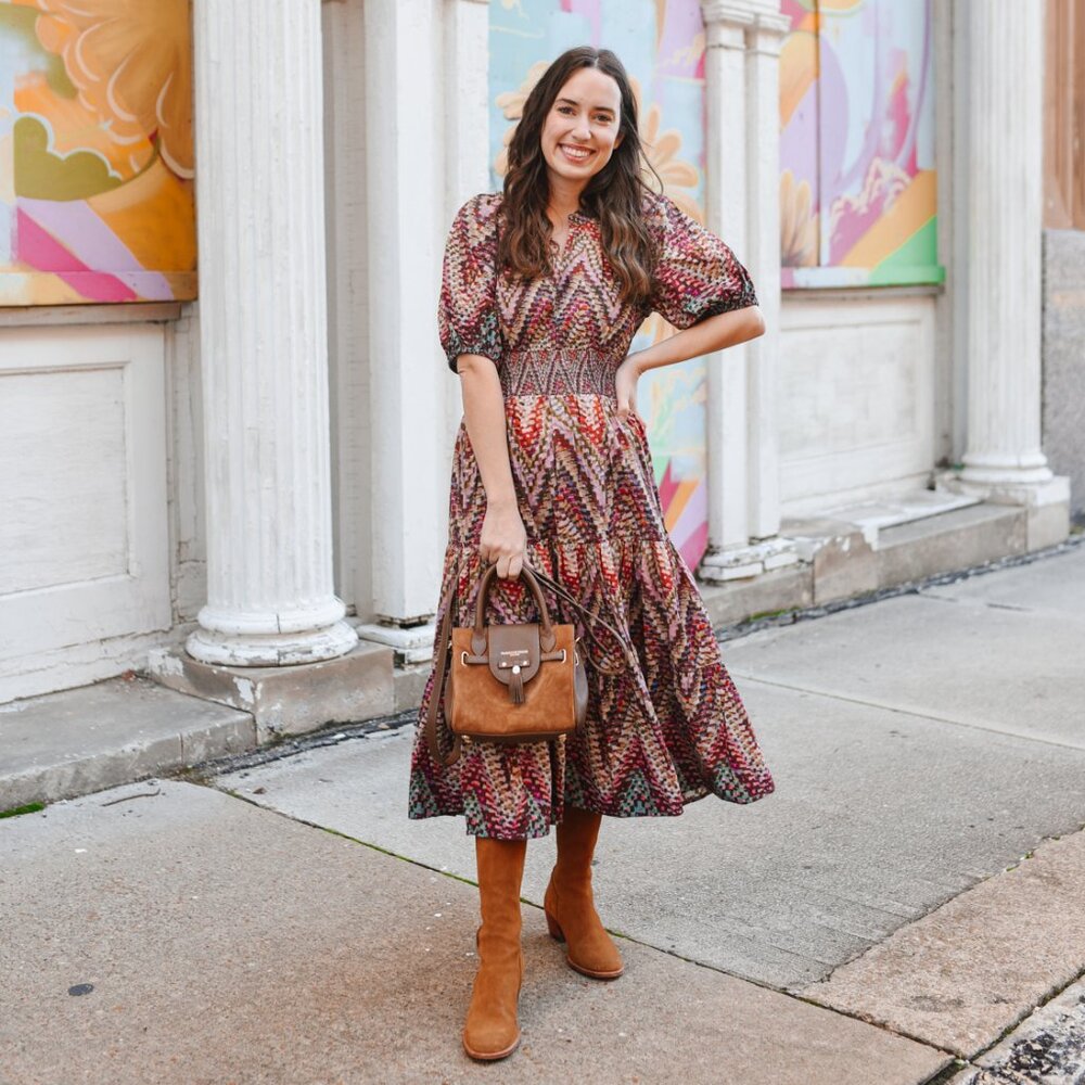 Conditions Apply Puff Sleeve Geometric Midi Dress
